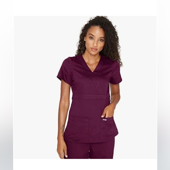 Grey’s Anatomy by Barco Wine XS Riley Set. Mock wrap V-Neck Scrubs Top & Pants - Picture 2 of 13
